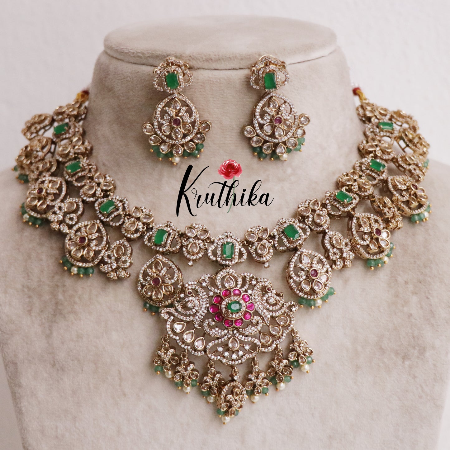 Grand Polki Kundan Bridal Necklace Set with Green and Pearls Beads NC2080