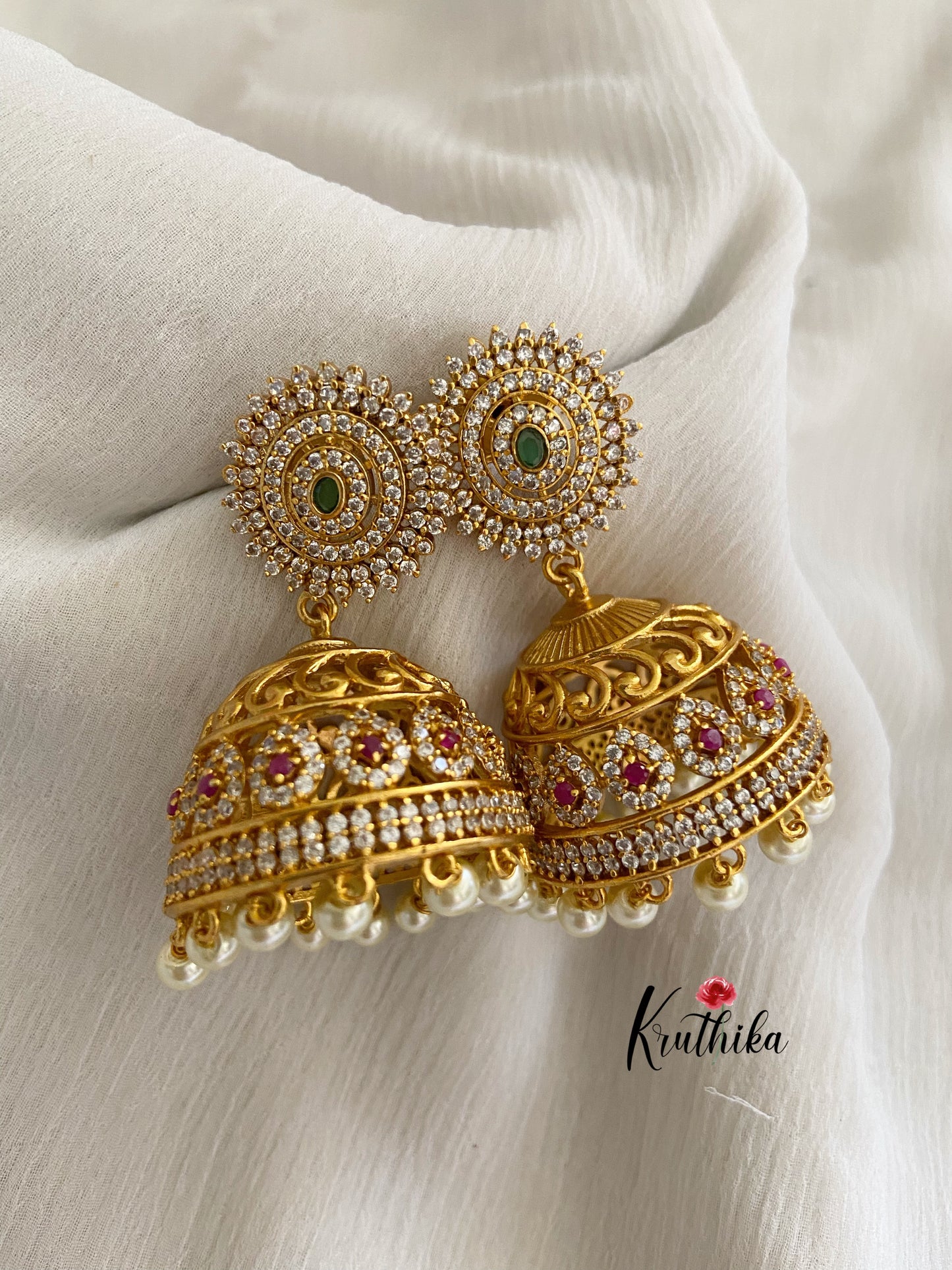 Round CZ Cutwork Jhumkas medium size