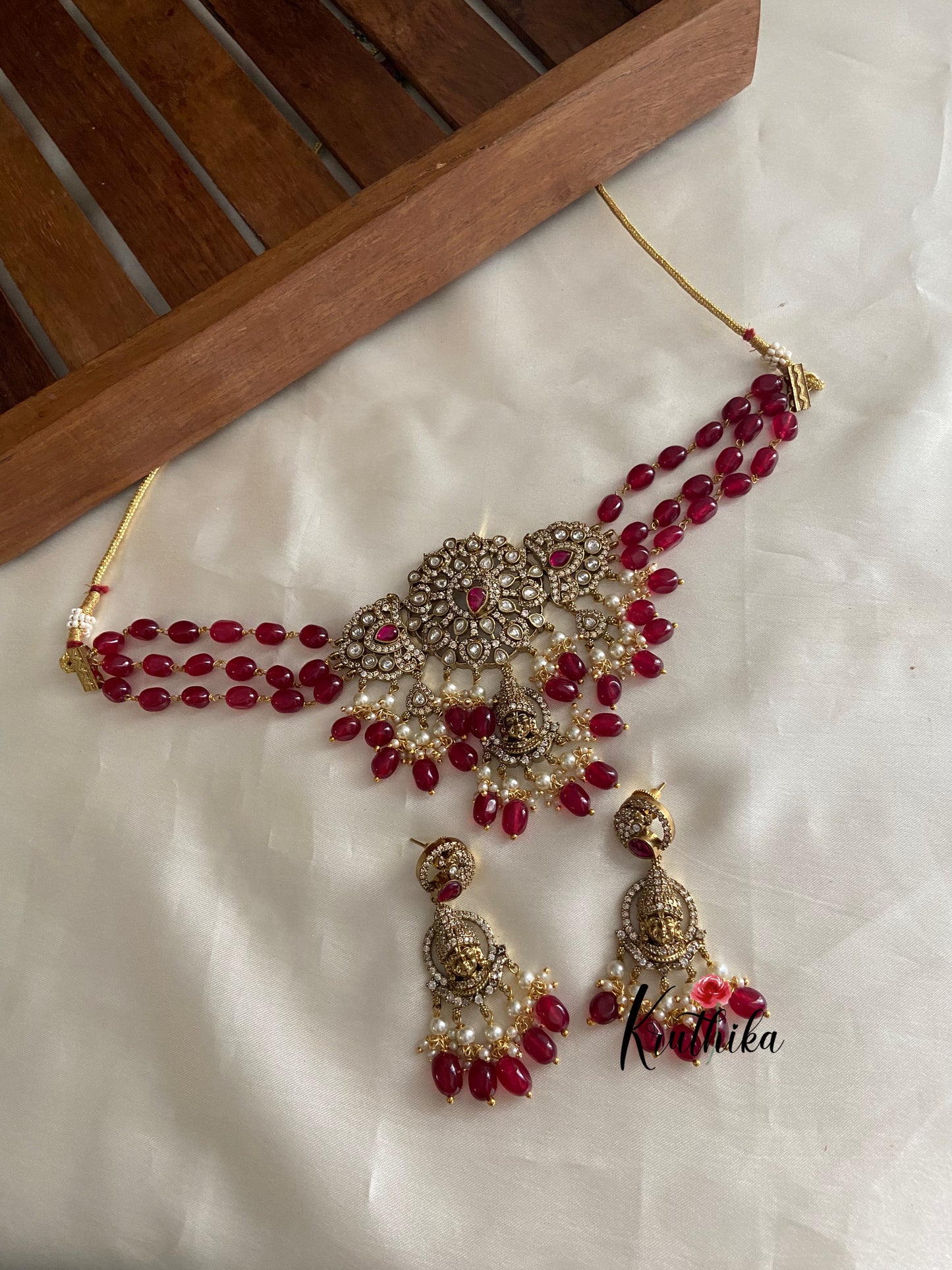 Victorian maroon beads Peacock Goddess choker NC774