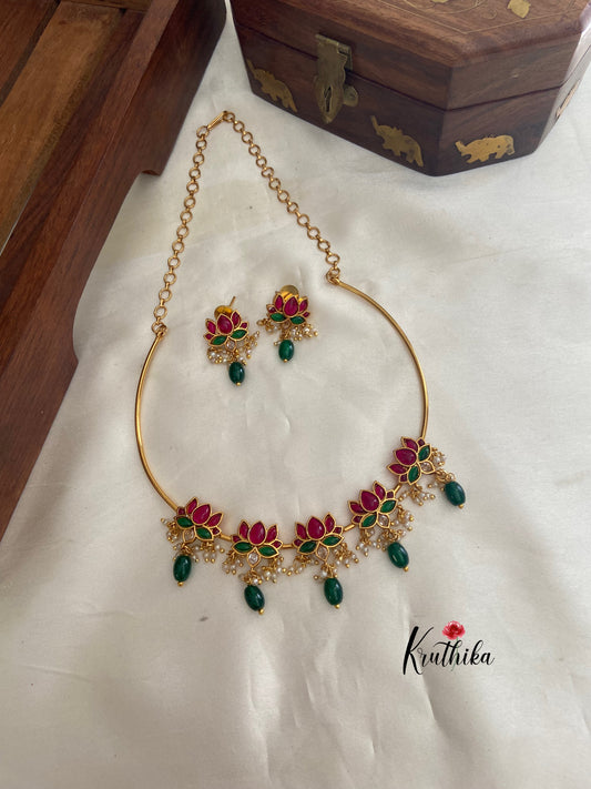 Simple Pipe necklace with AD lotus pendants NC663