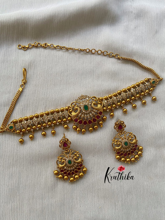 Golden beads peacock cz choker NC300 (without earrings)