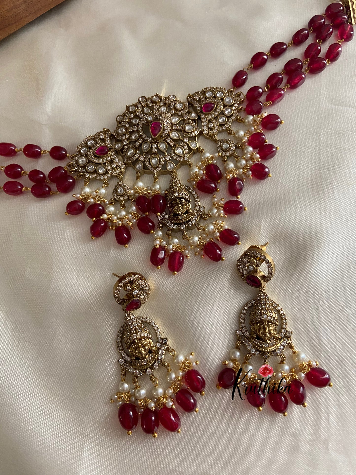 Victorian maroon beads Peacock Goddess choker NC774