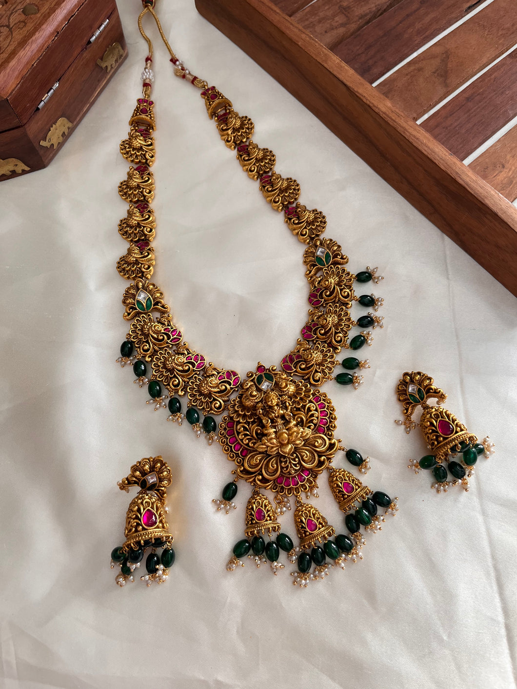 Grand Jadau Lakshmi Peacock Haaram with green beads LH473