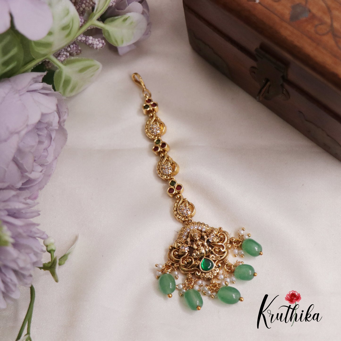 Gorgeous Antique Lakshmi Maang Tikka With Pearl Drops MT305 (Available In 2 Colours)