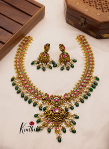 Premium Jadau No Idol Haaram with green bead drops LH479