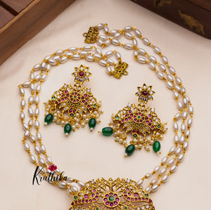 Pearls haaram With AD green beads pendant LH487