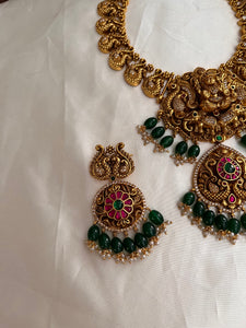 Premium Jadau Lakshmi Green Beads Necklace NC946