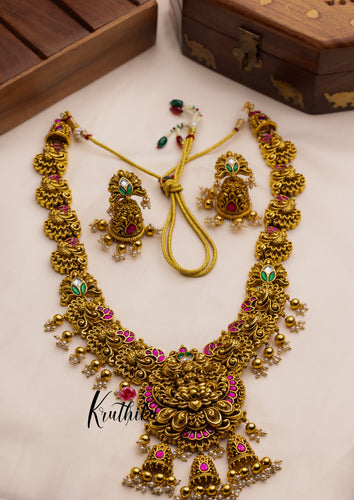 Grand Jadau Lakshmi Peacock Haaram with golden beads LH472