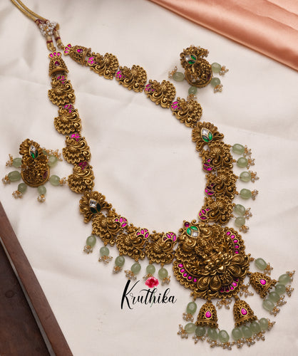 Grand Jadau Lakshmi peacock haaram with pastel beads LH496