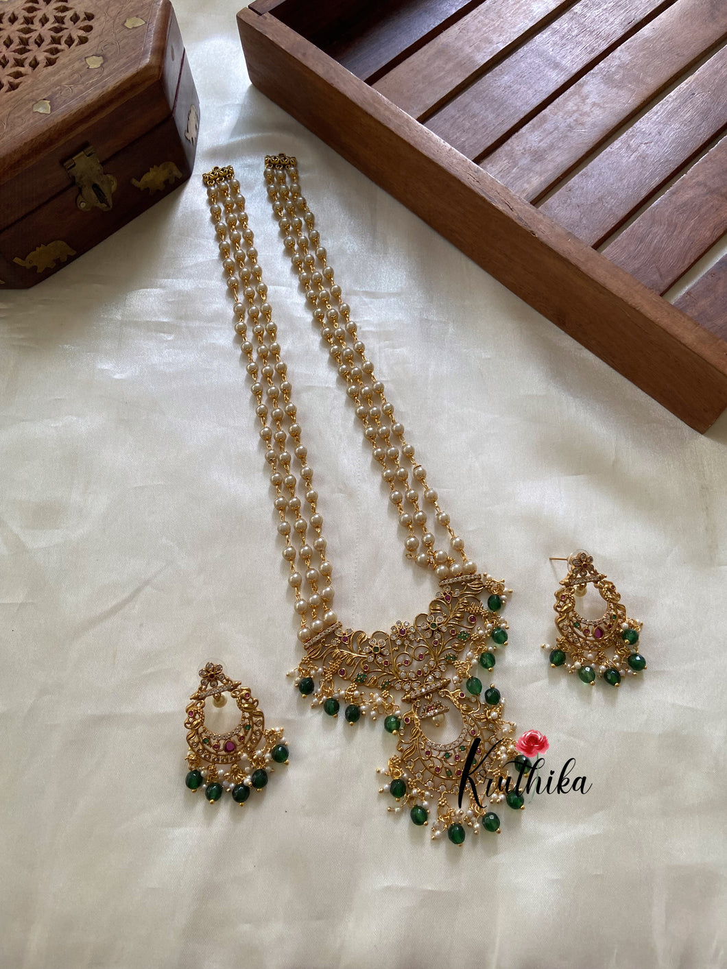 Pearls haaram with AD green drops pendant LH469