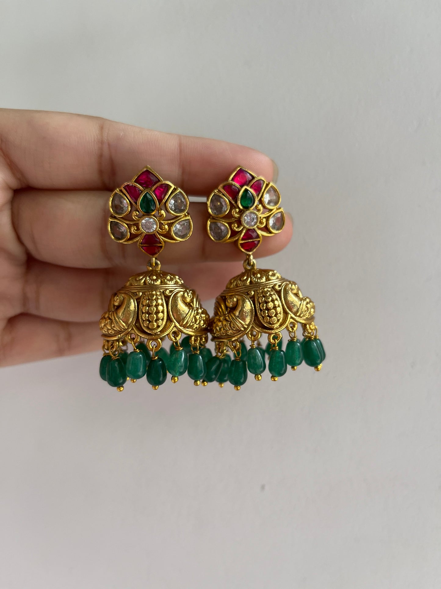 Jadau Green bead drops jhumkas E253