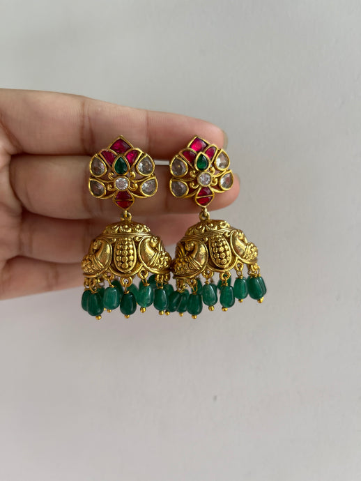 Jadau Green bead drops jhumkas E253