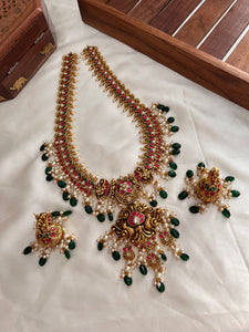 Premium Jadau No Idol Haaram with green bead drops LH479