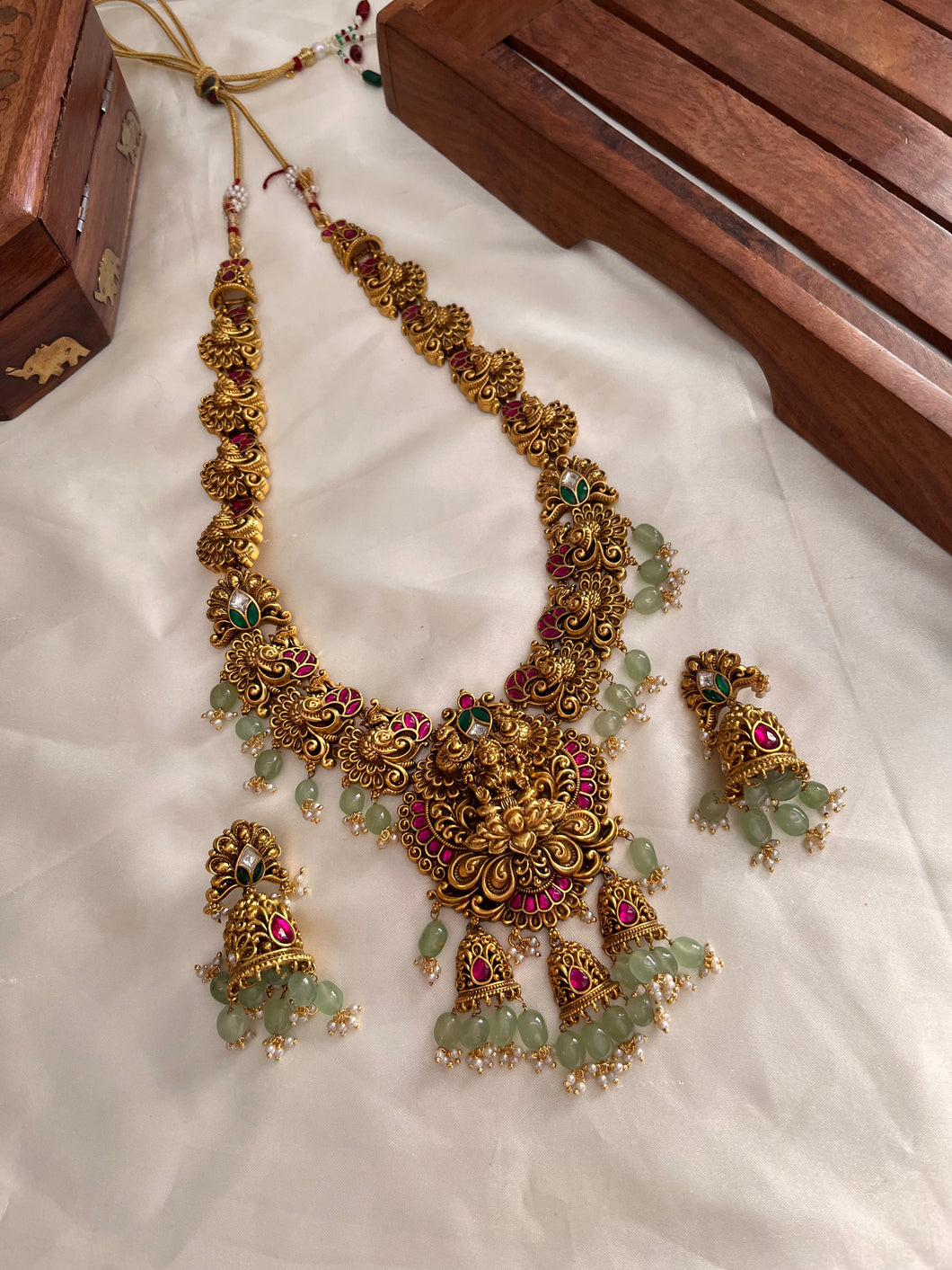 Grand Jadau Lakshmi peacock haaram with pastel beads LH496