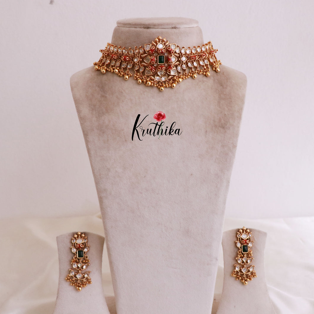 Beautiful AD chocker with Coral Beads and Golden drops NC1818