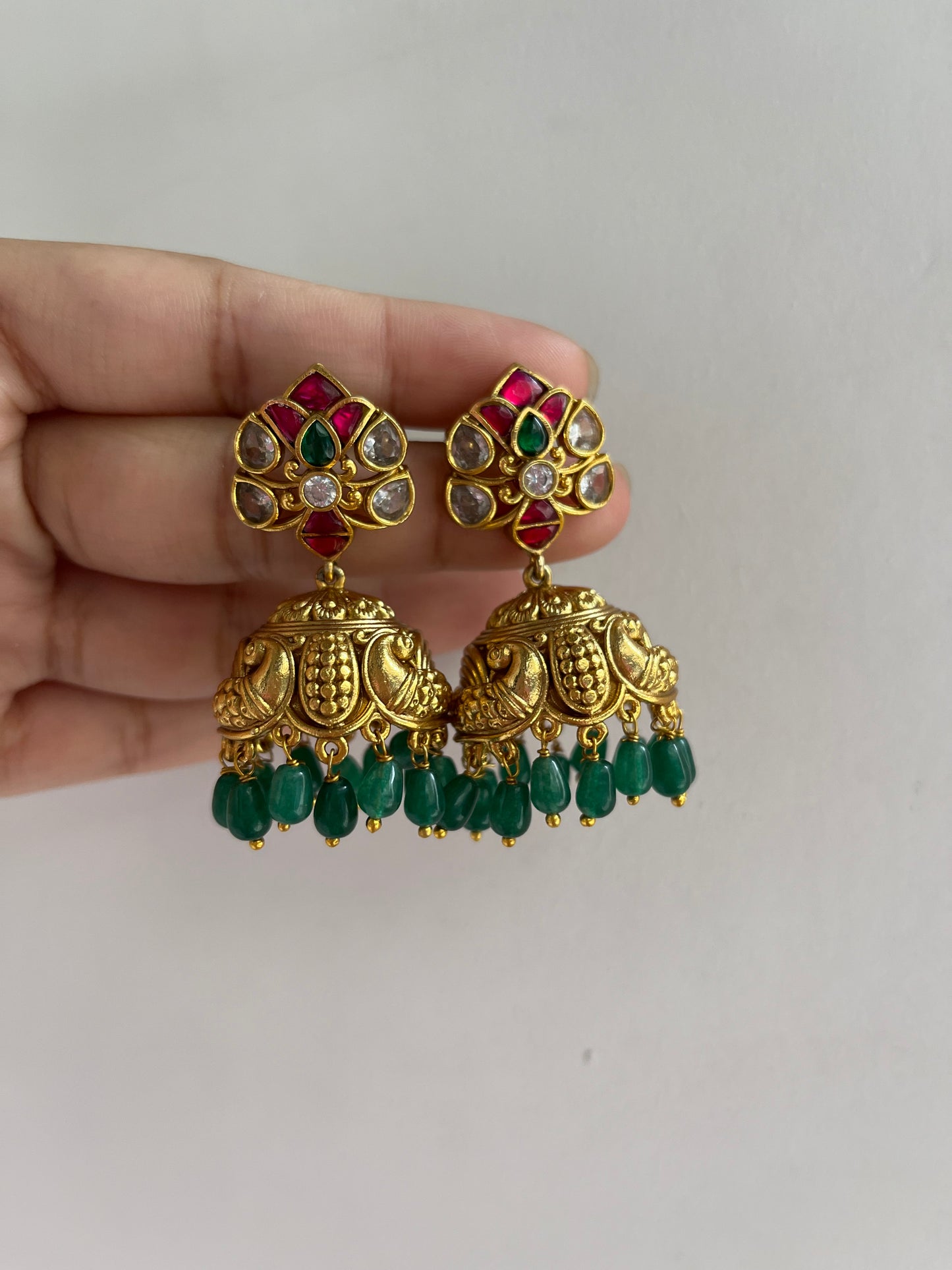 Jadau Green bead drops jhumkas E253