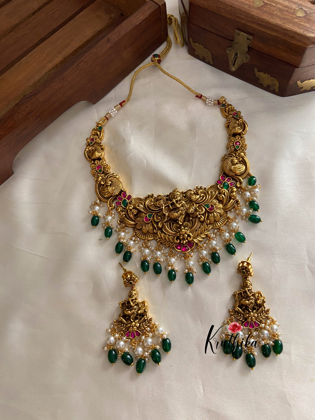 Jadau krishna green beads necklace NC886
