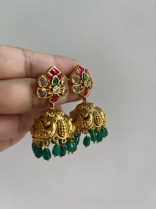Jadau Green bead drops jhumkas E253