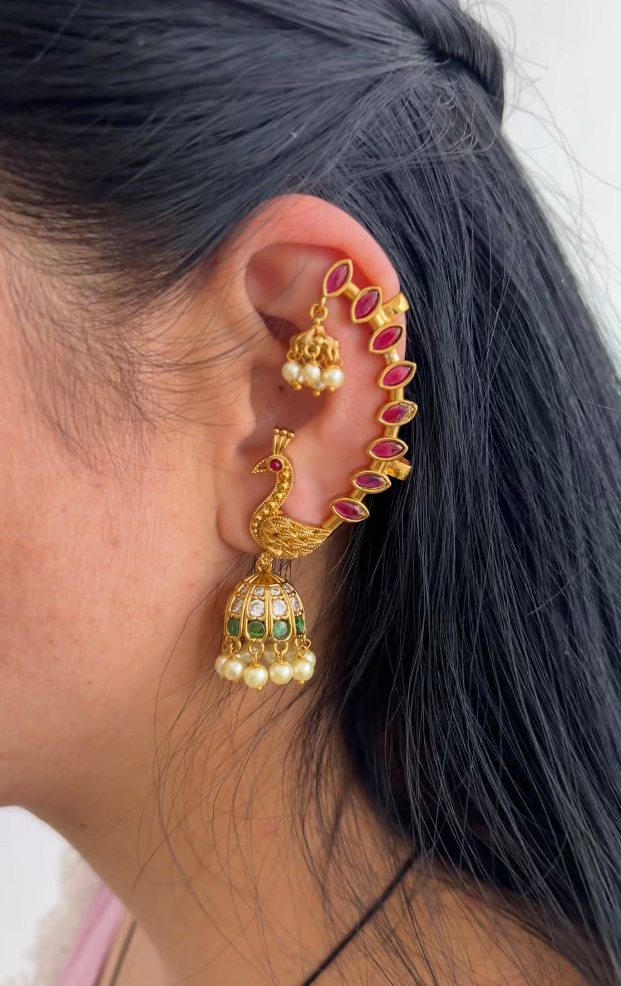 Simple trendy Ruby peacock AD Earcuff Jhumkas E487 (Available in 2 Colours)