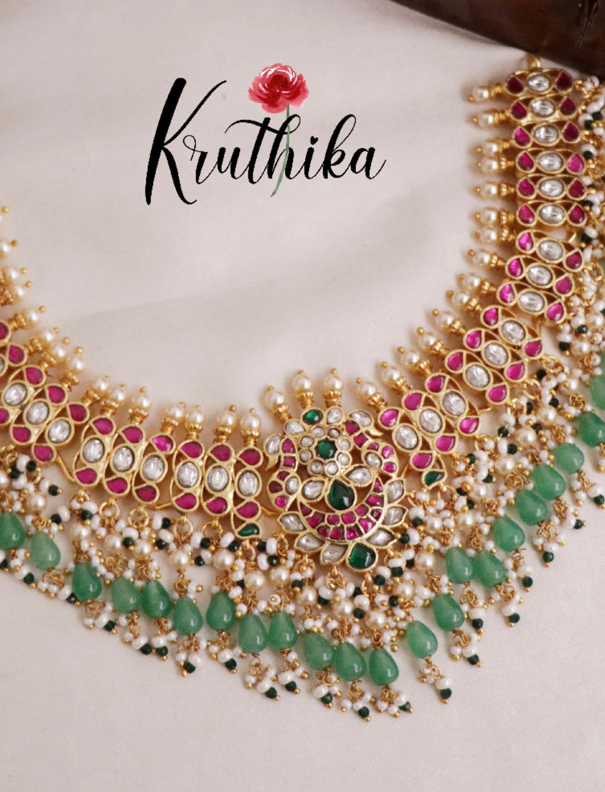 Royal Antique bridal Jadau Choker with green bead drops NC2098
