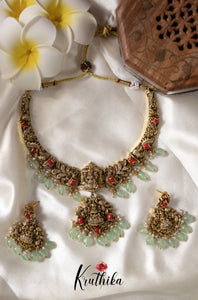 Antique Coral Lakshmi Necklace-Light Green Beads NC1182