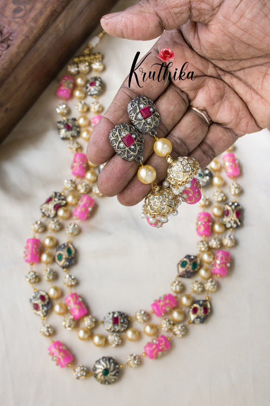 3 lines beads Haaram with earrings LH446 (colors available)