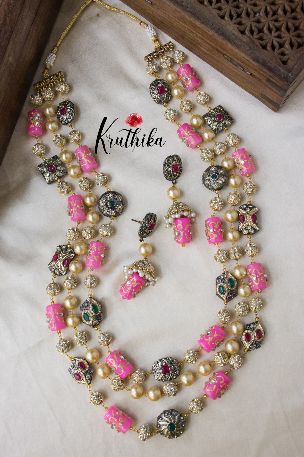 3 lines beads Haaram with earrings LH446 (colors available)