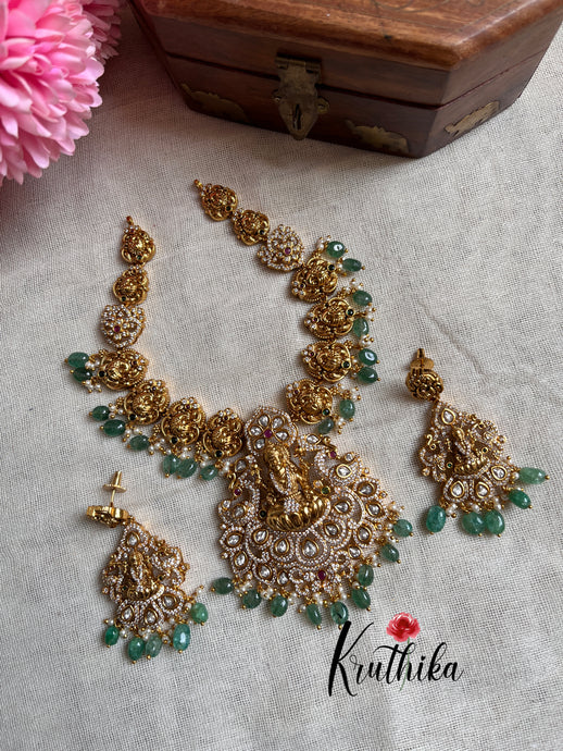 Premium Lakshmi AD green bead drops necklace