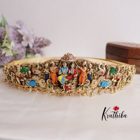 Premium Antique Temple Rama Pattabhishekam Vaddanam with Golden Beads Drops V279