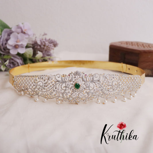 Beautiful CZ Sparking Peacock Changeable Stone with Pearl Drops Hip Belt V278