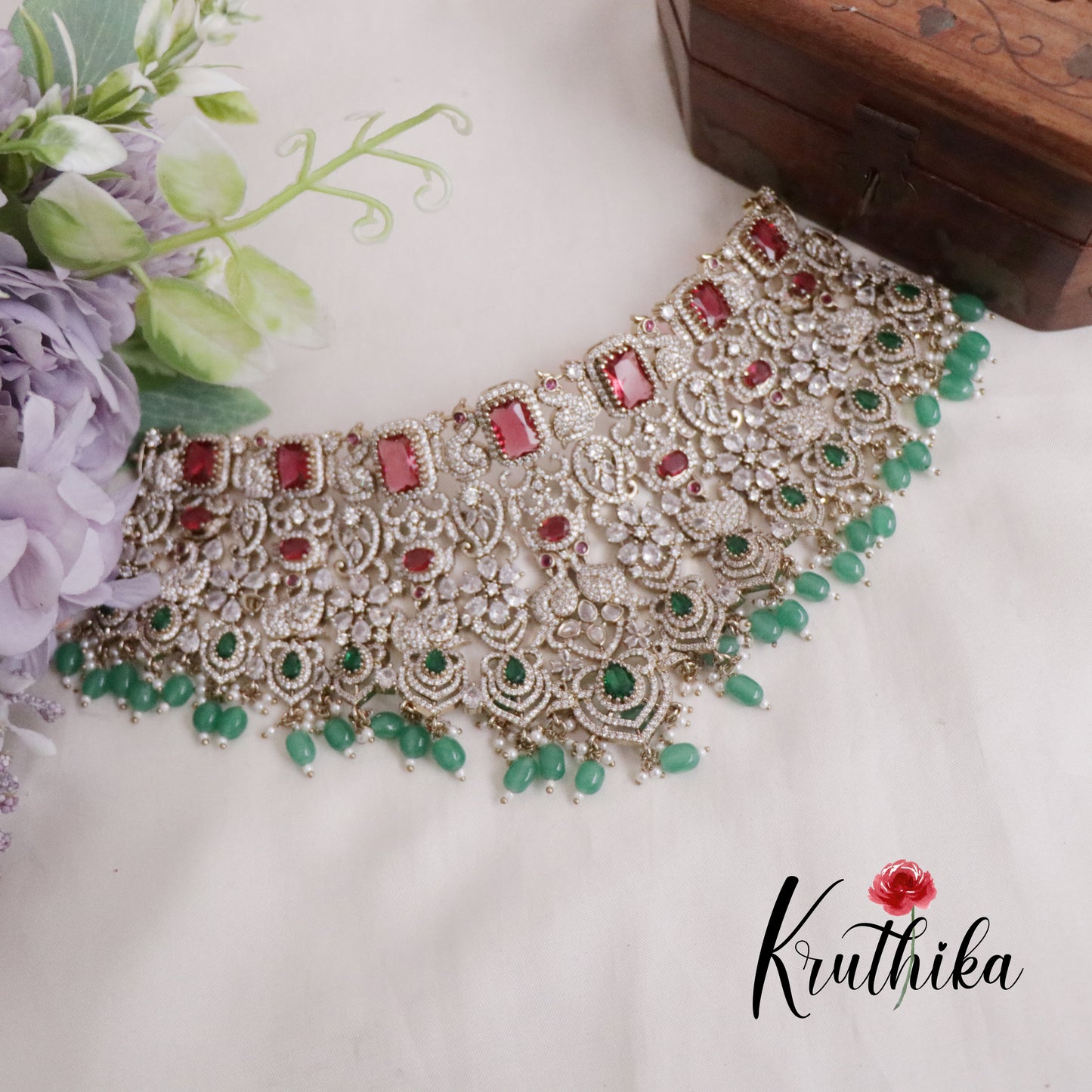 Grand Bridal AD/Victorian Peacock Multi Stone Necklace with Pair of Earrings & Maang Tikka NC2213