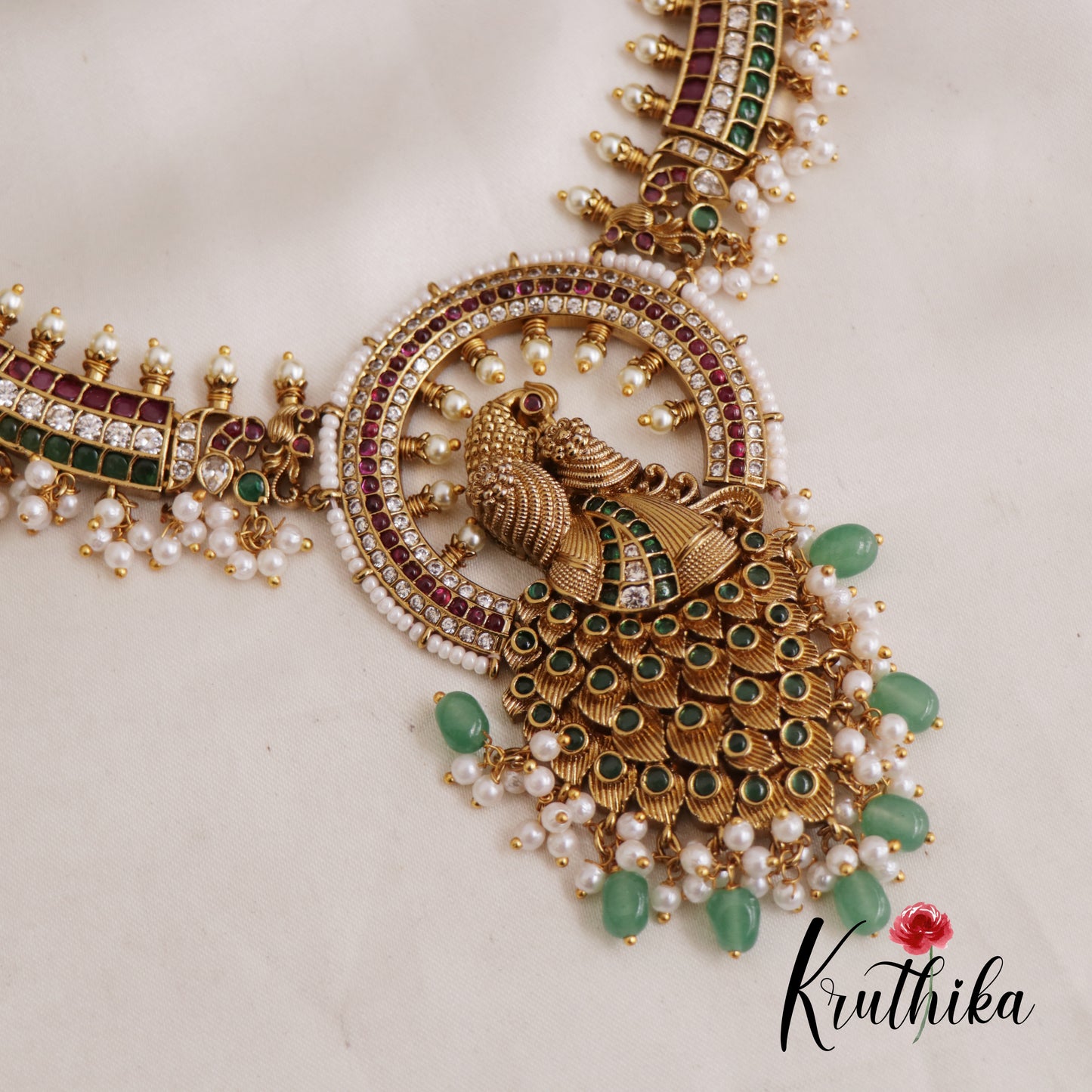 Premium Antique Peacock Jadau Necklace With Bead And Pearl Drops NC2585