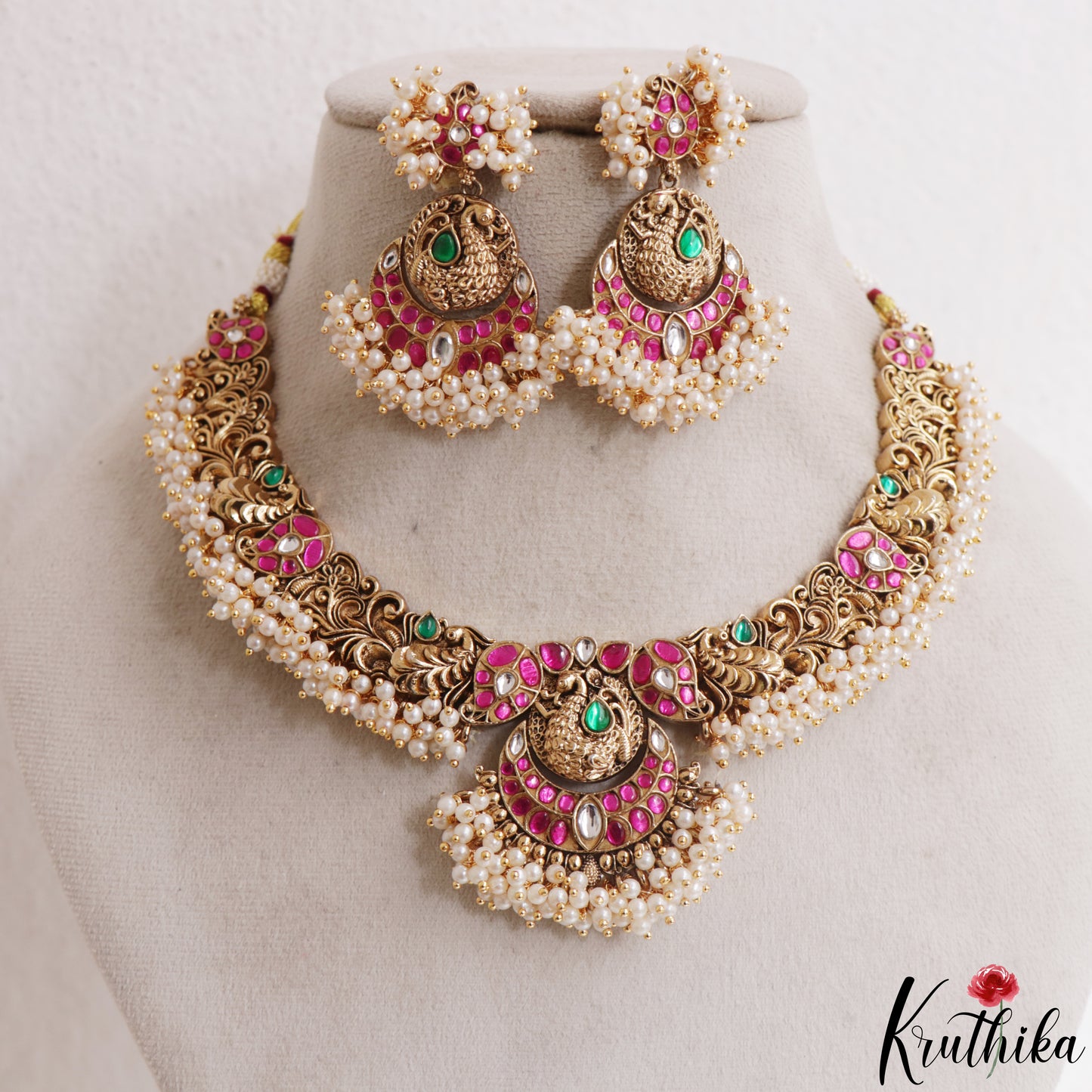 Classic Antique Peacock Mango Motifs Jadau Necklace With Pearl Drops NC3135