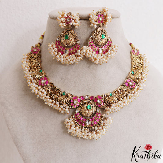 Classic Antique Peacock Mango Motifs Jadau Necklace With Pearl Drops NC3135