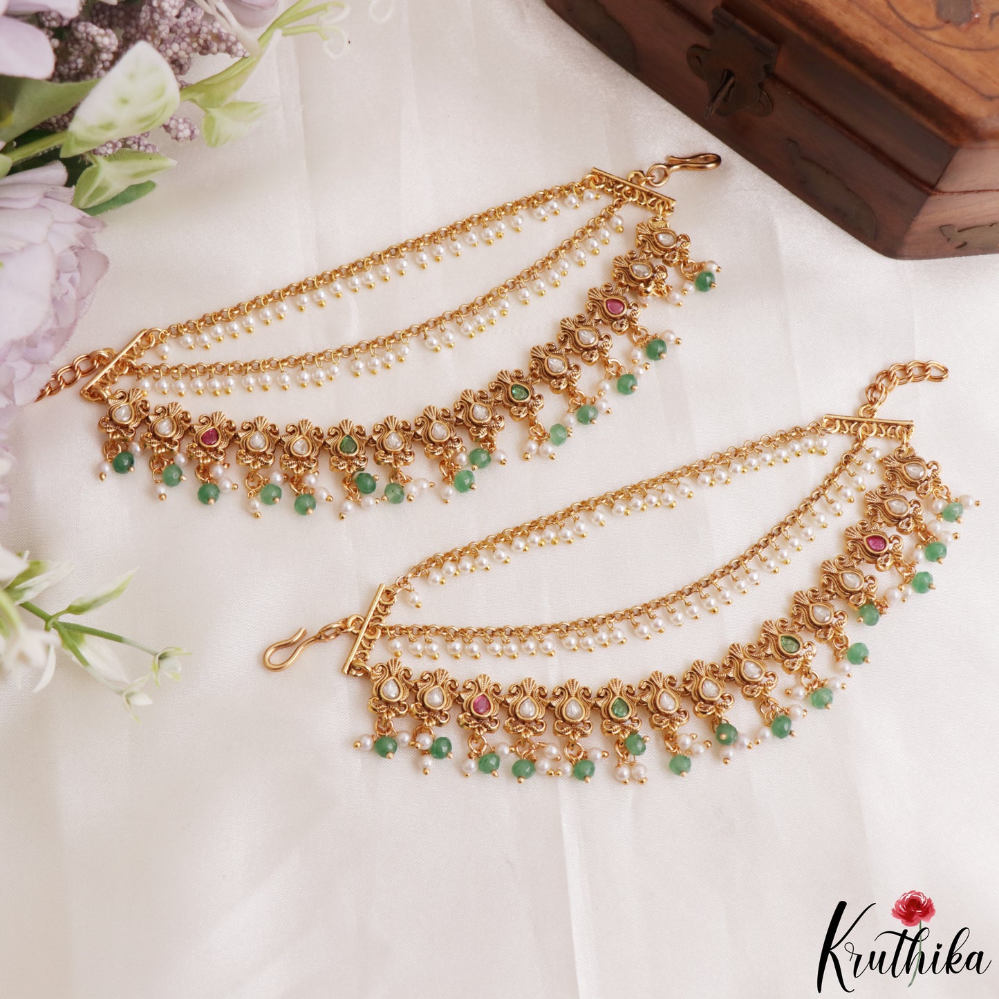 Elegant Teardrop Motifs Multi Strand Earchains With Green Bead Drops EC229