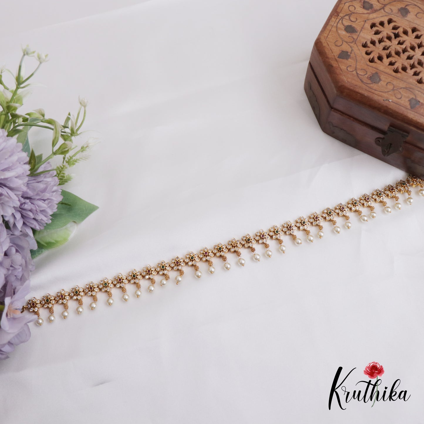 Beautiful AD Floral Motifs Hip Chain With Pearl Drops V329