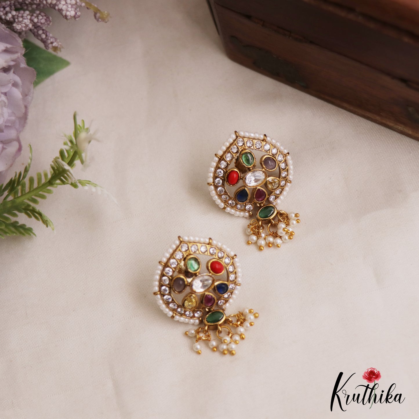 Elegant Pearl Border Floral Stud Earrings With Pearl Drops E1110 (Available In 5 Colors)