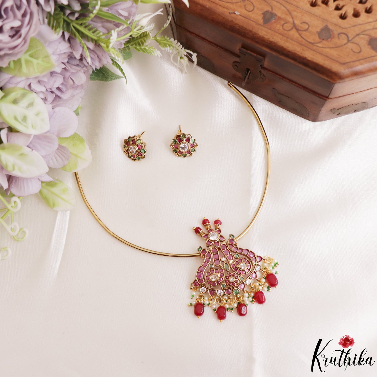 Beautiful Peacock Motifs Kemp Hasli Choker With Pearl Bead Drops NC3257 (Available In 3 Colors)