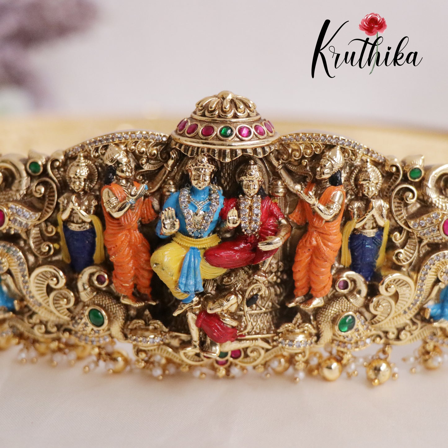 Premium Antique Temple Rama Pattabhishekam Vaddanam with Golden Beads Drops V279