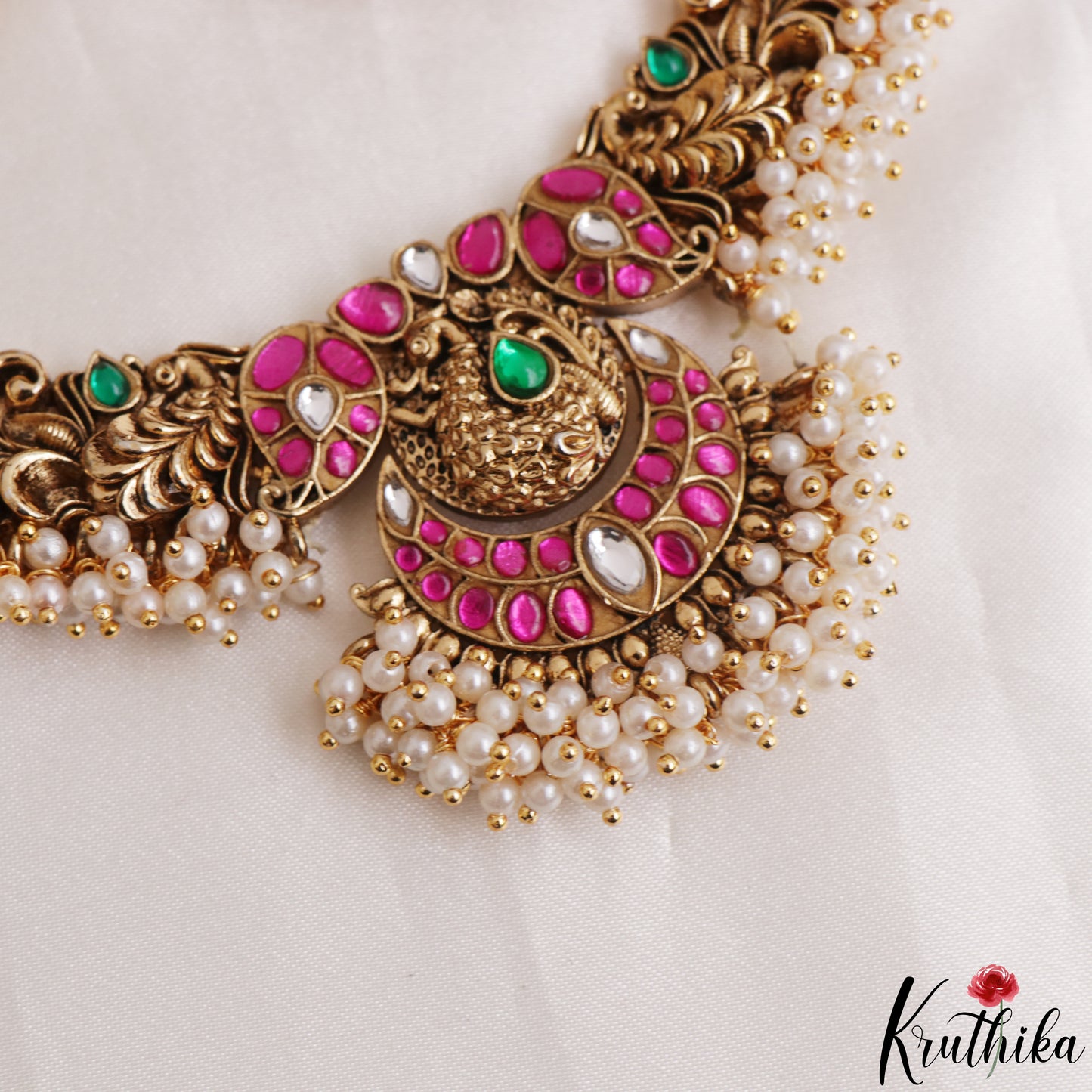 Classic Antique Peacock Mango Motifs Jadau Necklace With Pearl Drops NC3135