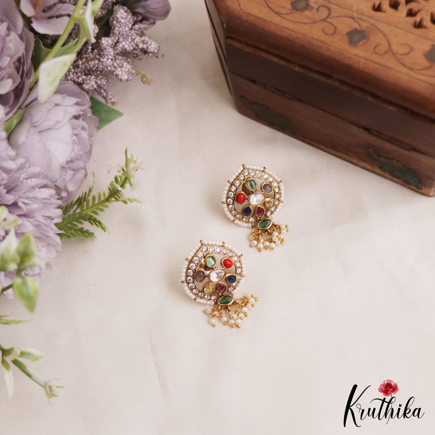 Elegant Pearl Border Floral Stud Earrings With Pearl Drops E1110 (Available In 5 Colors)