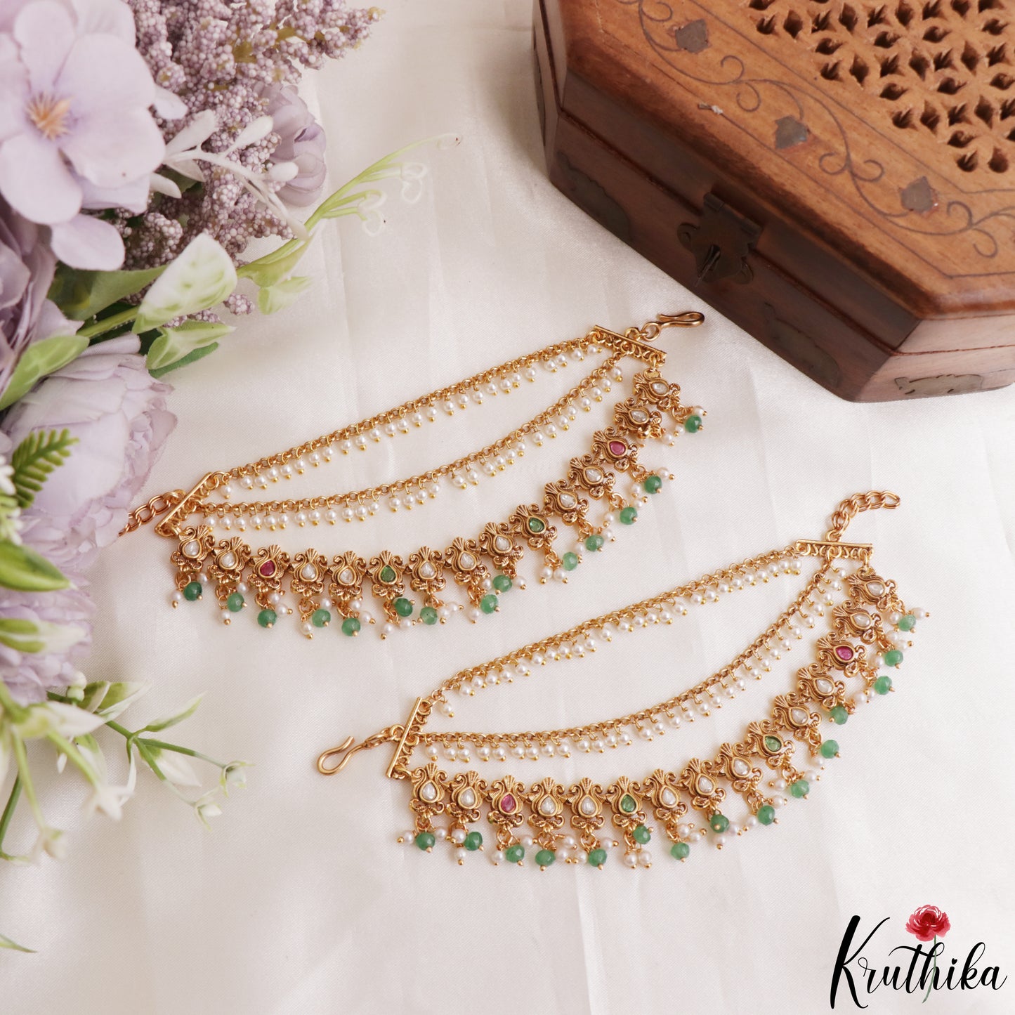Elegant Teardrop Motifs Multi Strand Earchains With Green Bead Drops EC229