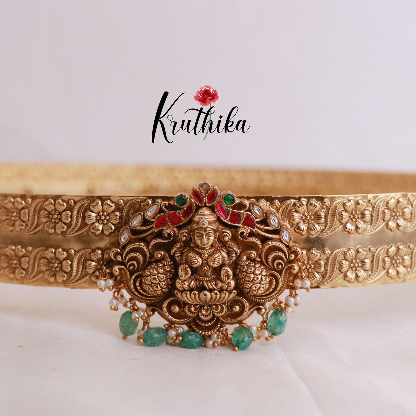Elegant Lakshmi Jadau Hip Belt With Pastel Green Beads V237
