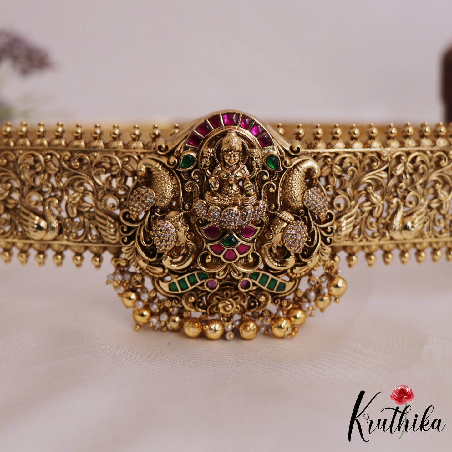 Gorgeous Antique Nagas Lakshmi Motifs Jadau Hip Belt With Bead Drops V336 (Available In 2 colors)