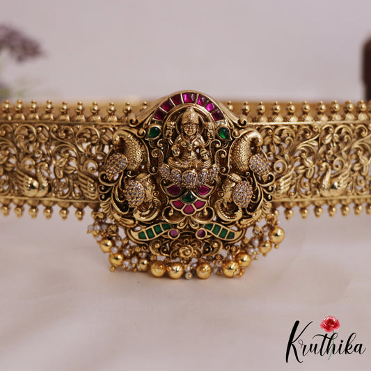 Gorgeous Antique Nagas Lakshmi Motifs Jadau Hip Belt With Bead Drops V336 (Available In 2 colors)