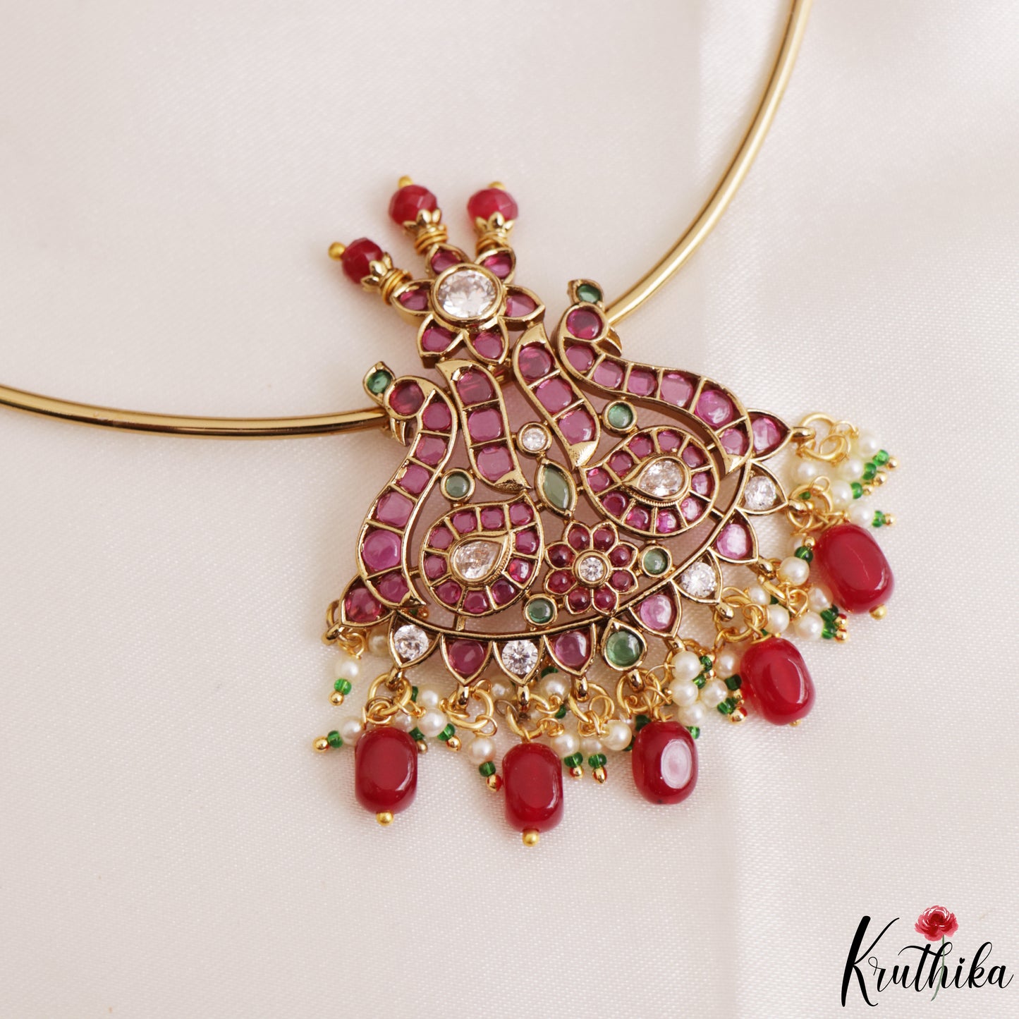 Beautiful Peacock Motifs Kemp Hasli Choker With Pearl Bead Drops NC3257 (Available In 3 Colors)