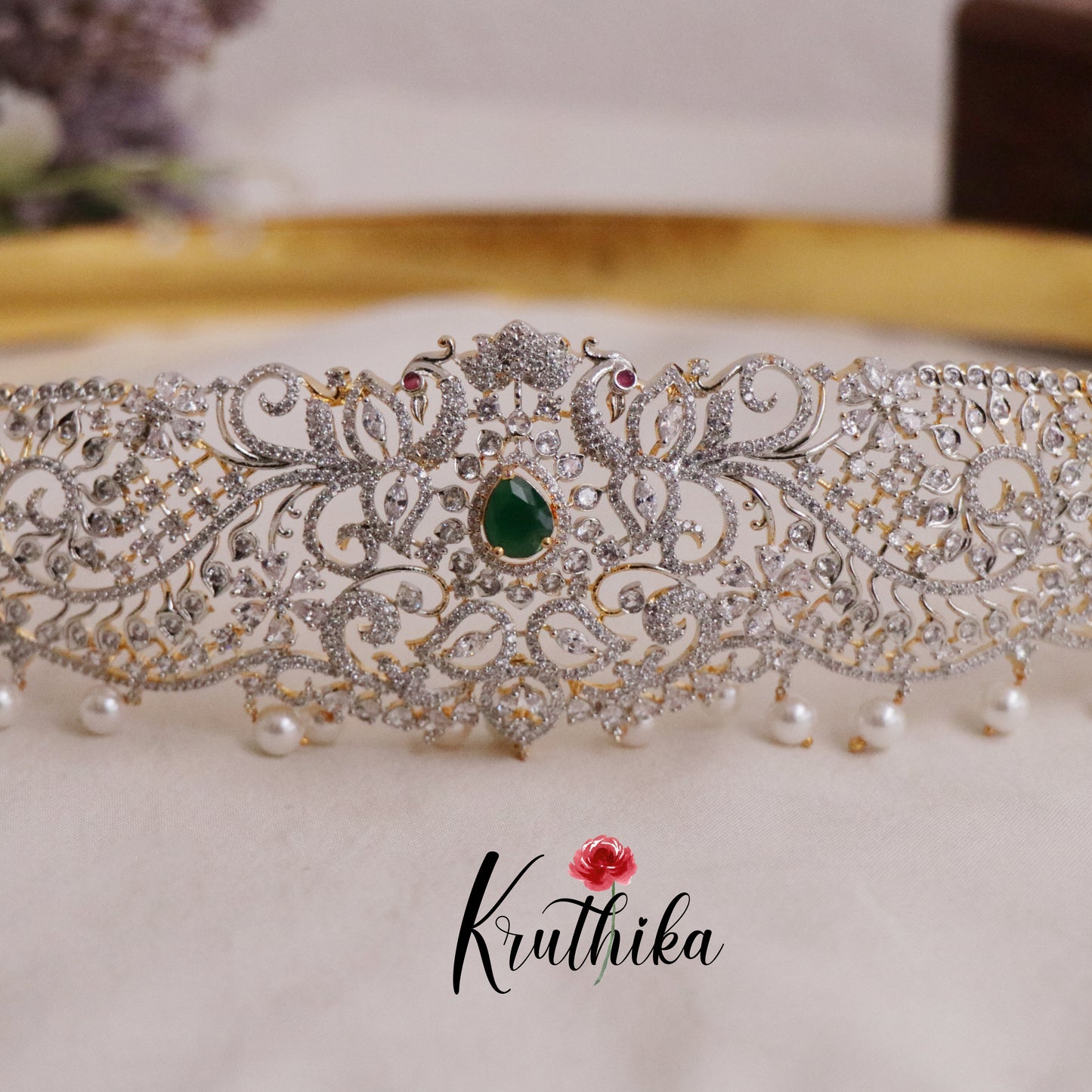 Beautiful CZ Sparking Peacock Changeable Stone with Pearl Drops Hip Belt V278