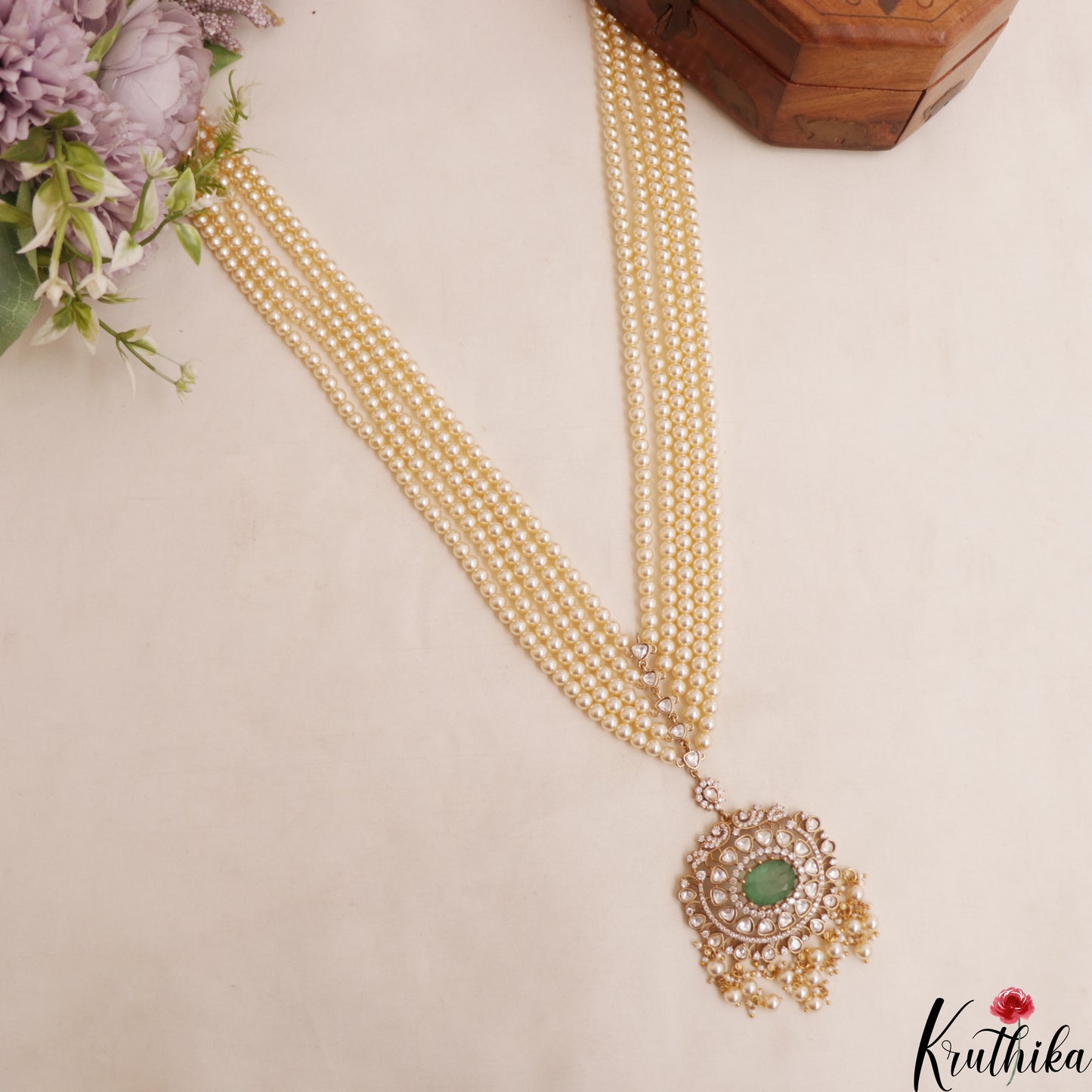Stunning Multi Strand Pearl Chain With Polki Victorian Pendant LH2112 (Available In 4 Colors)