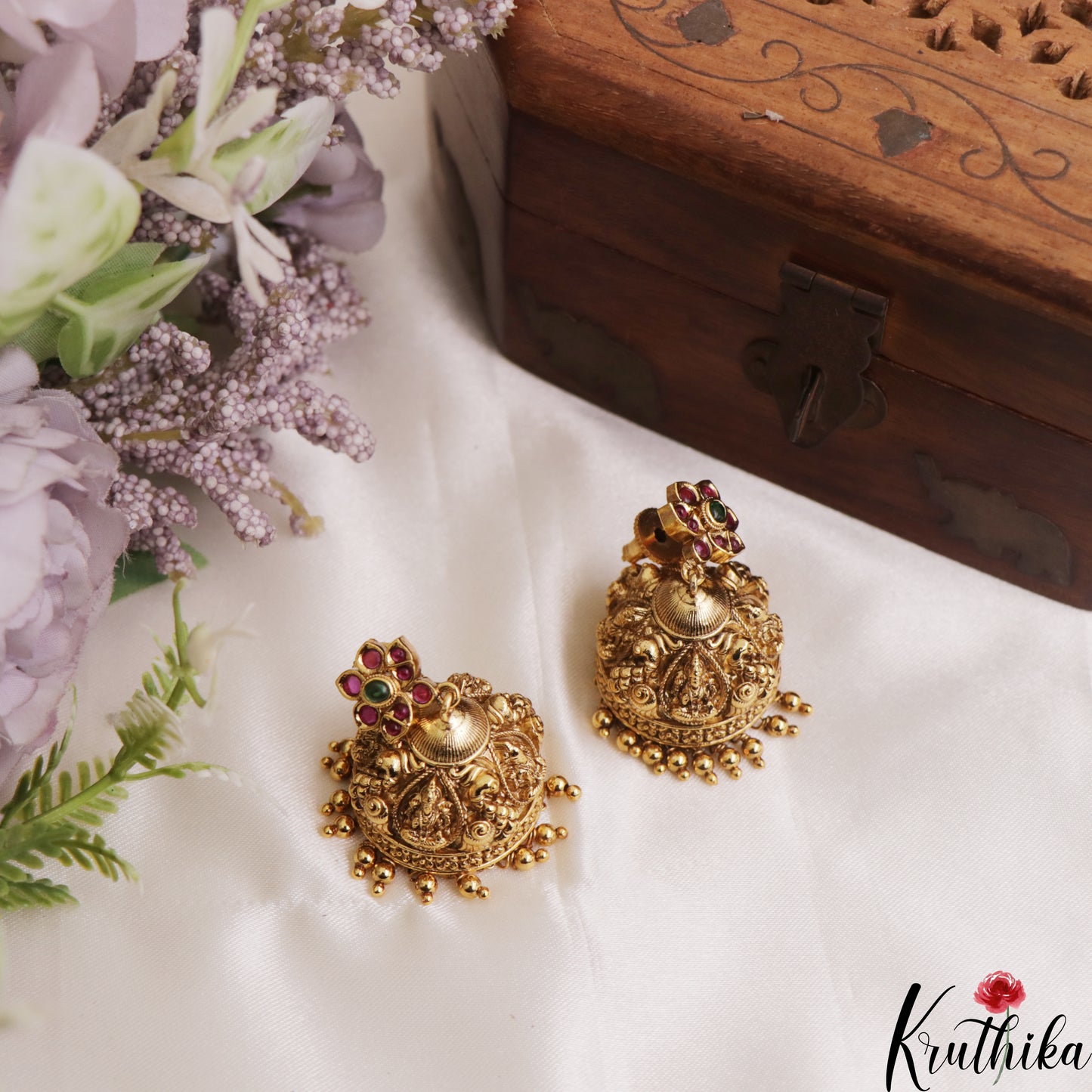 Pretty Antique Floral Lakshmi Motifs Jhumkas With Golden Bead Drops E1180
