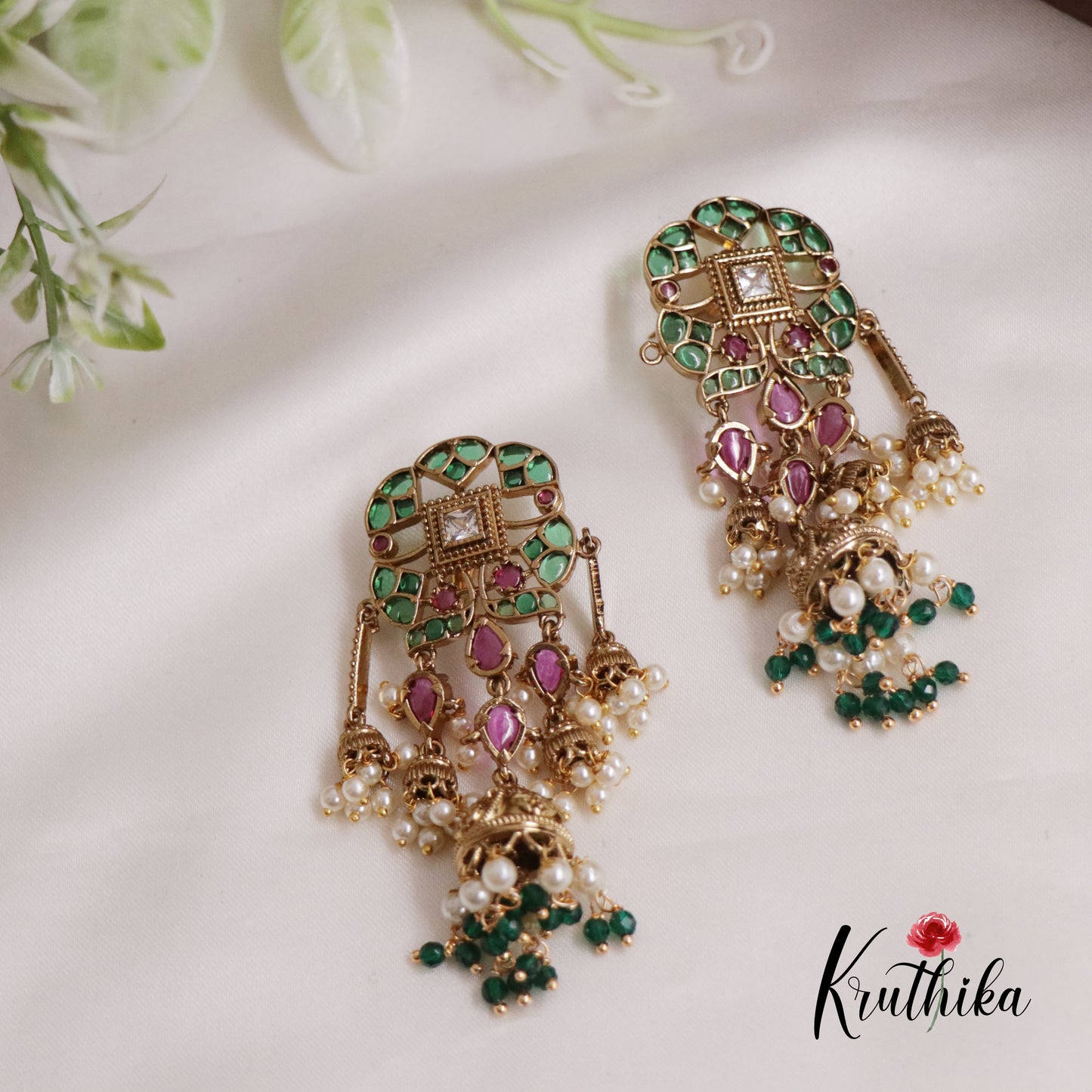 Trendy Emerald Ruby Jhumkas with Pearl Drops E624 (Available in 4 Colours)
